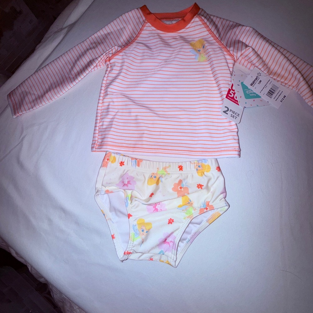 Disney Tinker Bell Rash Guard Set Kids 12M Orange NEW UPF 50+ 2pc Swimsuit